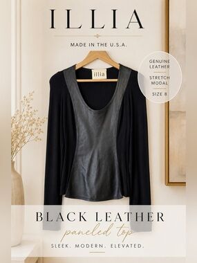 ILLIA Black Genuine Leather Paneled Stretch Modal Long Sleeve Top Size 8